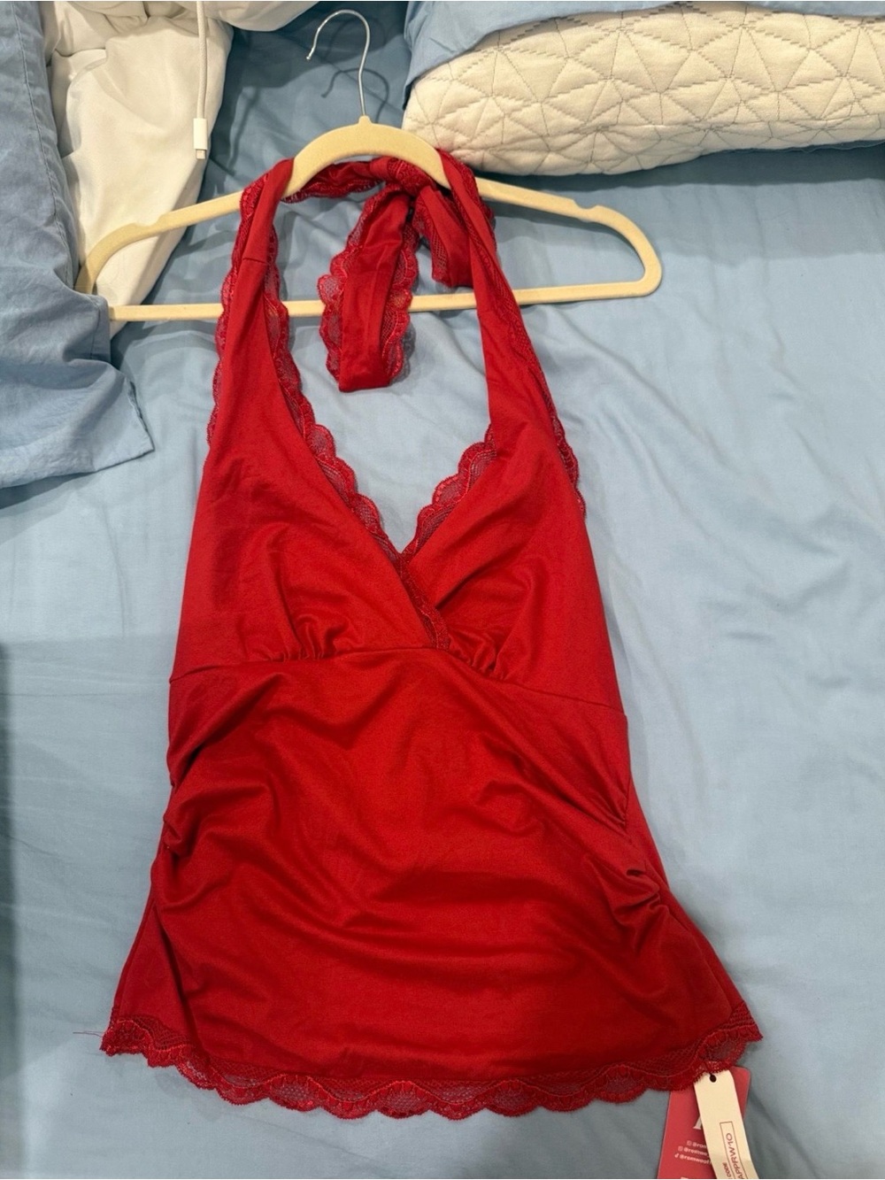 Red Lace Trim Halter Tank Top